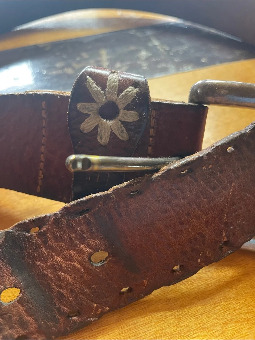 Classic Soft Brown Leather Belt with Decorative Metal Buckle, 40”